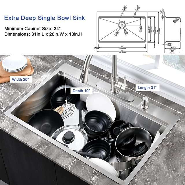 31 Inch Single Bowl Drop in Workstation Kitchen Sink