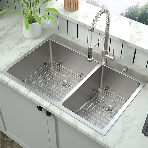 Modern Topmount Handmade SUS304 60_40 Double Bowl Kitchen Sink