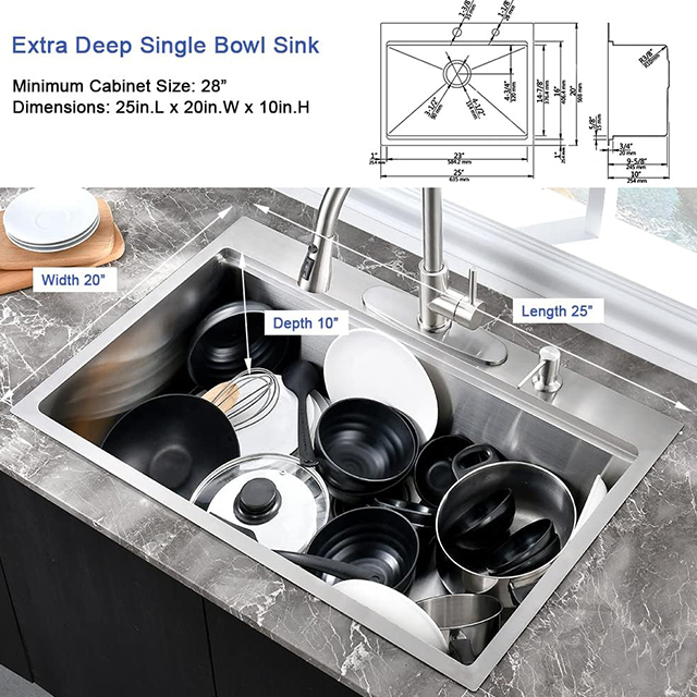 25 Inch Drop In Single Bowl Handmade Workstation Kitchen Sink