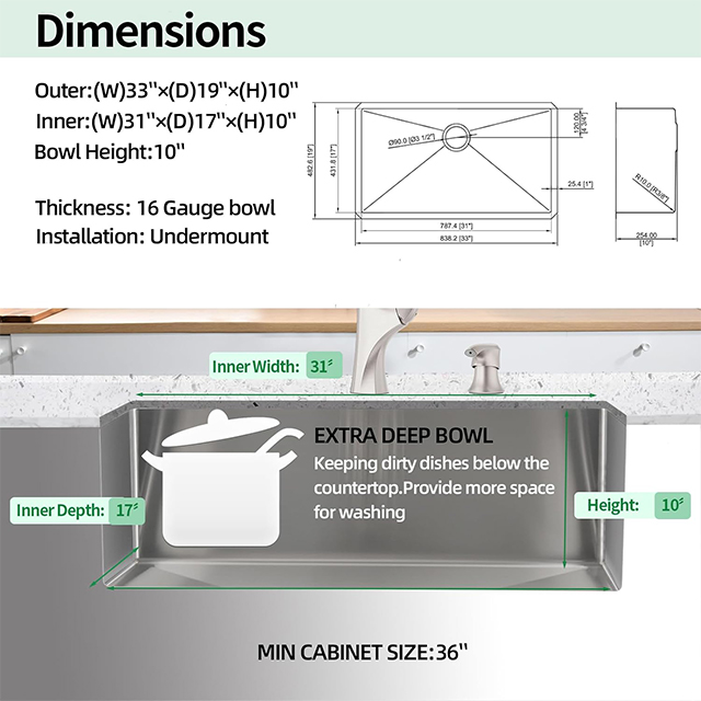 Undermount Kitchen Sink 33 X 19 X 10 Inch Single Bowl Sink Kitchen