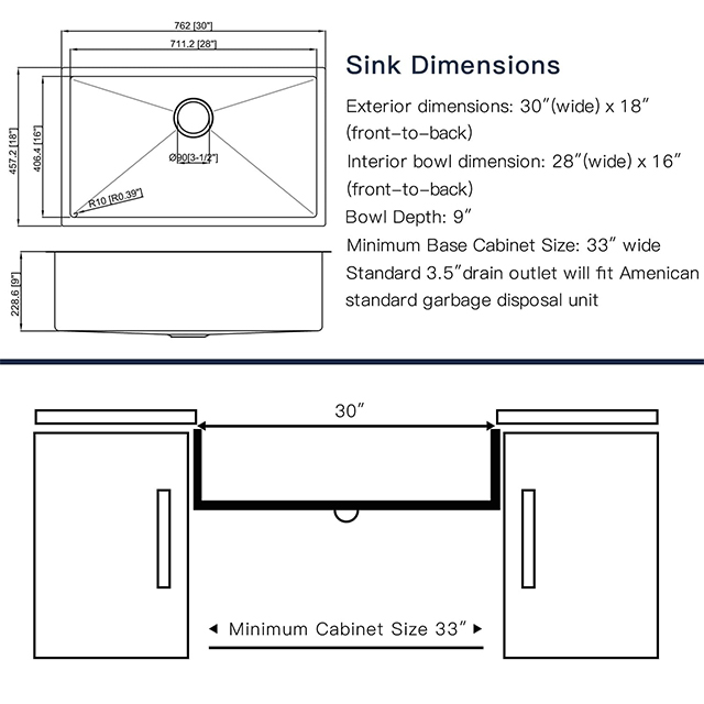 30 Inch Single Bowl Undermount Handmade SUS304 Stainless Steel Kitchen Sinks