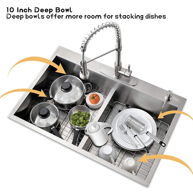 33 Inch Drop In Double Bowl Kitchen Sink With Low Divider