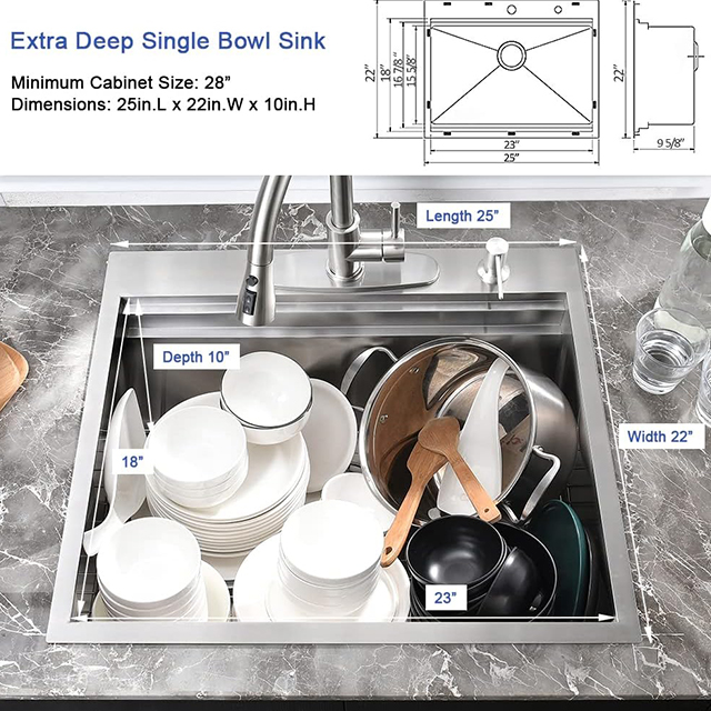 25 Inch Drop In Single Bowl Handmade Double Ledges Workstation Kitchen Sink