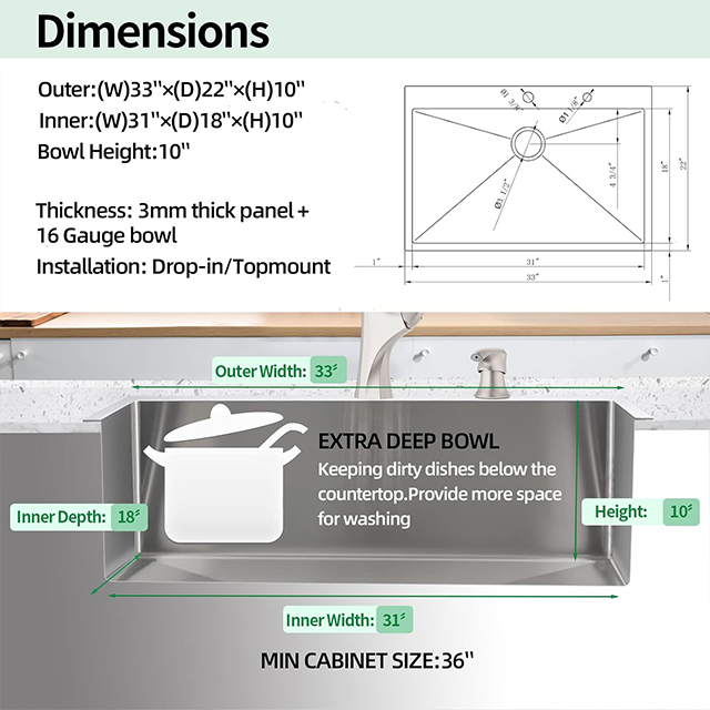 Stainless Steel Kitchen Sink Handmade 31inch Topmount Single Bowl