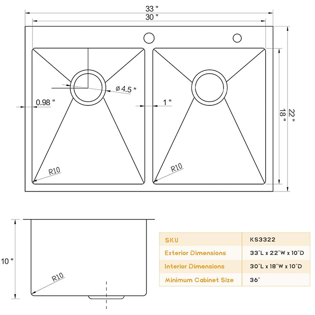 33 Inch Drop In Double Bowl Kitchen Sink With Low Divider