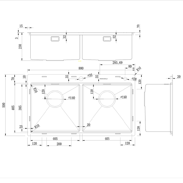 8850 Drop In Double Bowl Handmade Workstation Kitchen Sink