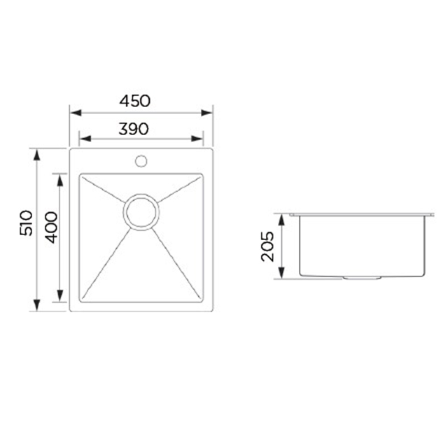 4551 Flushmount Small Steel SUS304 Single Bowl Stainless Steel Handmade Sink