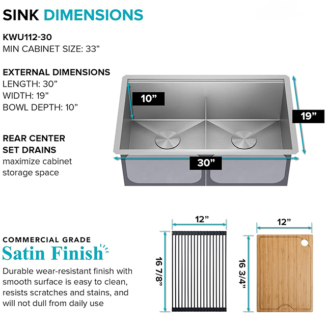 Workstation 30 Inch Undermount Double Bowl Stainless Steel Kitchen Sink with Integrated Ledge And Accessories