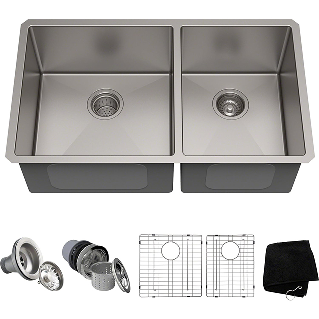 33 Inch Undermount Stainless Steel Handmade Double Bowl Kitchen Sink