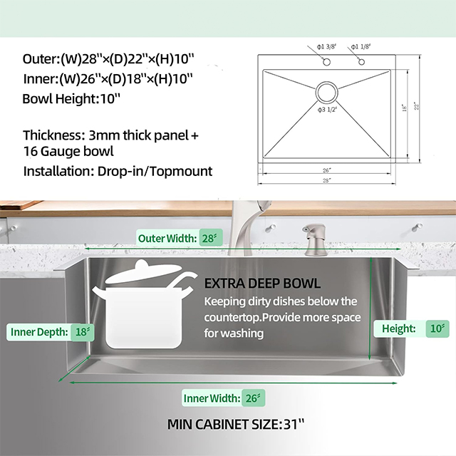 28 Inch Drop In Topmount Stainless Steel Kitchen Sink Handmade Single Bowl