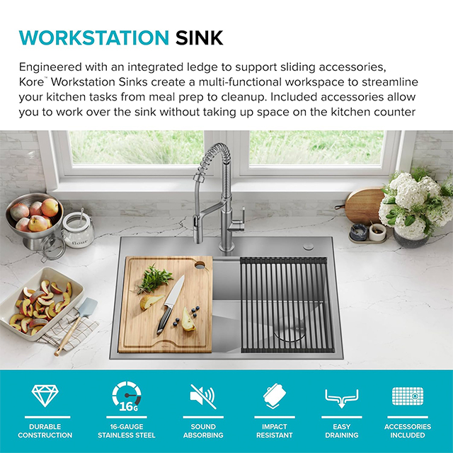 Workstation 30-inch Drop-In Single Bowl Stainless Steel Kitchen Sink With Integrated Ledge And Accessories