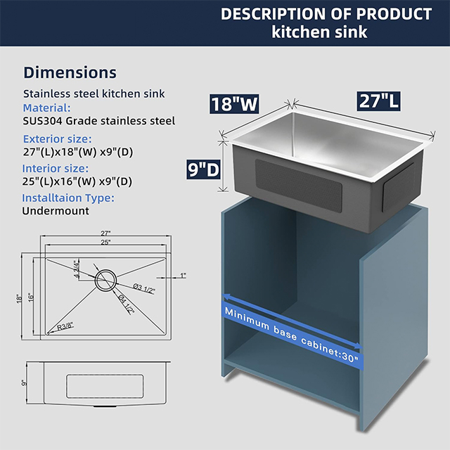 27 Inch Single Bowl Undermount Handmade SUS304 Stainless Steel Kitchen Sinks
