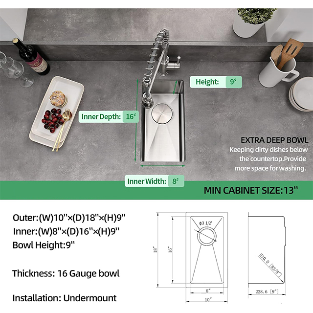 Undermount Wet Bar Sink 10 X 18 Inch Single Bowl Small Kitchen Sink