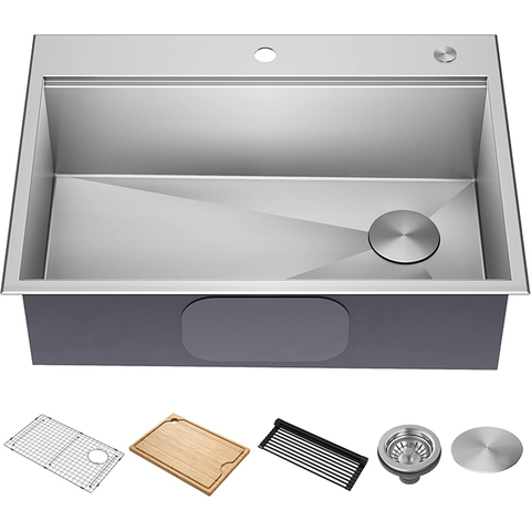 Workstation 30-inch Drop-In Single Bowl Stainless Steel Kitchen Sink With Integrated Ledge And Accessories