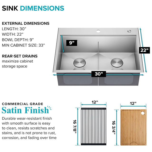 Workstation 33 Inch Drop-In Double Bowl Stainless Steel Kitchen Sink With Integrated Ledge And Accessories