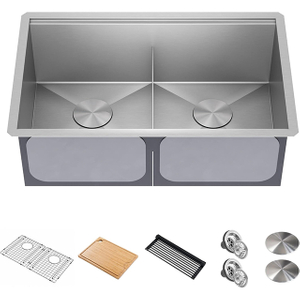 Workstation 30 Inch Undermount Double Bowl Stainless Steel Kitchen Sink with Integrated Ledge And Accessories