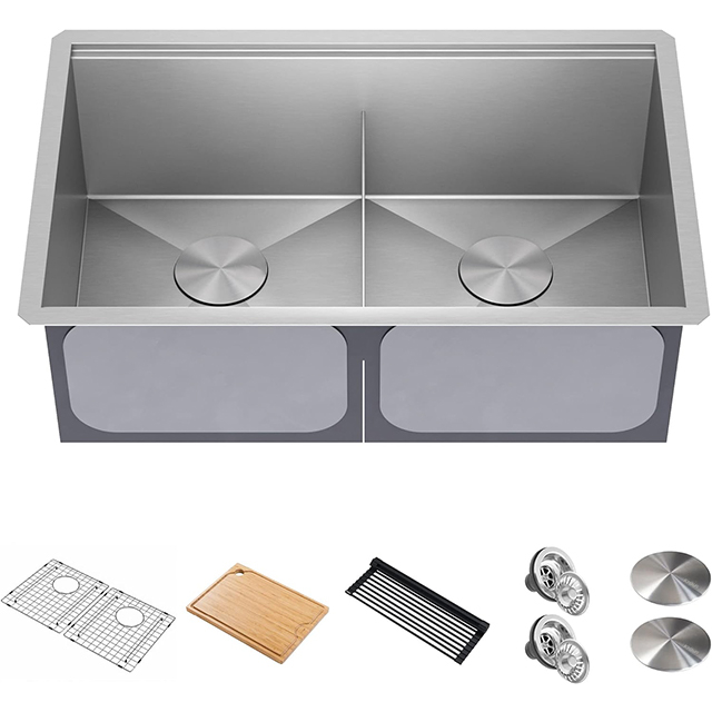 Workstation 30 Inch Undermount Double Bowl Stainless Steel Kitchen Sink with Integrated Ledge And Accessories